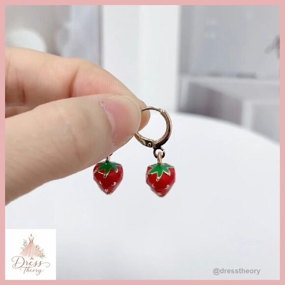 Small Strawberry Hoop Earrings Hypoallergenic Copper Dangle Jewelry Gift - Picture 8 of 8